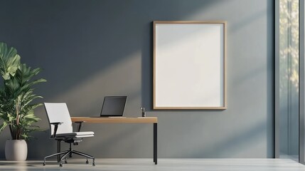 Modern office workspace with a desk, chair, and empty frame on the wall.