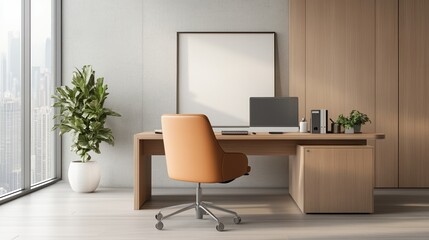 Modern office workspace with a wooden desk, computer, and indoor plant.