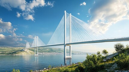 Obraz premium A white cable-stayed bridge stretches across a blue bay on a sunny day with a city and hills in the background.