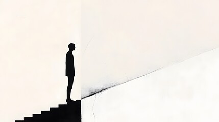 A solitary man in silhouette stands on stairs, gazing at a minimalist wall.