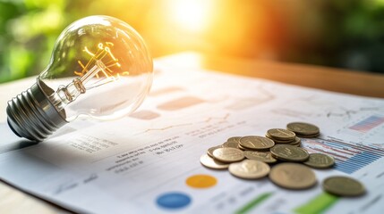 Light Bulb, Coins, and Financial Charts