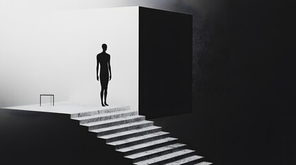 Silhouette of a figure standing on stairs leading to an abstract black-and-white space.