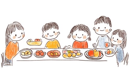 Group of cheerful children enjoying a colorful fruit feast around a table.