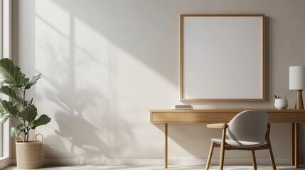 Modern workspace featuring a desk, chair, and plant in natural light.