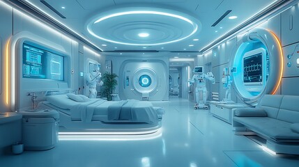 Healthcare technology modern hospital robotic arms assisting in surgeries futuristic design