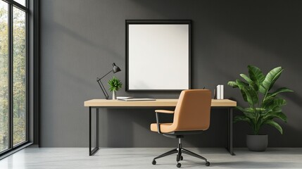 Fototapeta premium Modern workspace with a desk, chair, lamp, and plant against a dark wall.