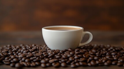 Fototapeta premium A white coffee cup filled with coffee sits on a bed of coffee beans.