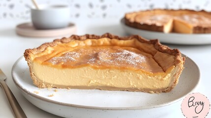 Delicious golden custard pie on a white plate with a cozy background.