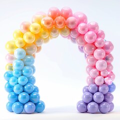Fototapeta premium Colorful Pastel Balloon Arch for Celebrations, Vibrant balloon arch in pastel colors, featuring shades of blue, pink, yellow, and purple, ideal for festive events and parties.