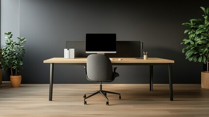 Modern workspace with a desk, chair, and computer in a stylish interior.