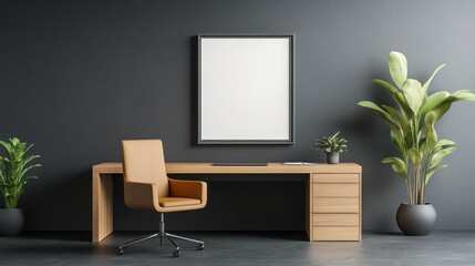 Modern workspace with a desk, chair, and plants against a dark wall.