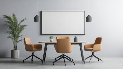 Modern workspace with a minimalist design featuring chairs and plants.