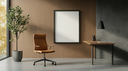 Fototapeta premium Modern workspace with a stylish chair, table, and plant, featuring an empty frame.