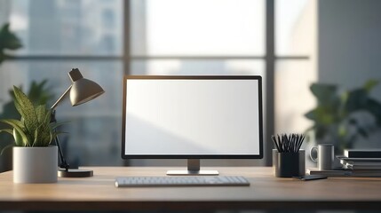 Modern workspace with computer, lamp, and plant on desk, natural light background.