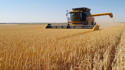 Fototapeta premium A combine harvester efficiently harvests golden wheat in a vast field under a clear blue sky.