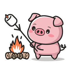 A cute pink pig with rosy cheeks and big, round eyes is standing upright. The pig is holding a long stick with a marshmallow at its end, which
is being roasted over a small campfire