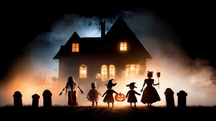 A spooky Halloween party in a foggy graveyard glowing pumpkins illuminating tombstones