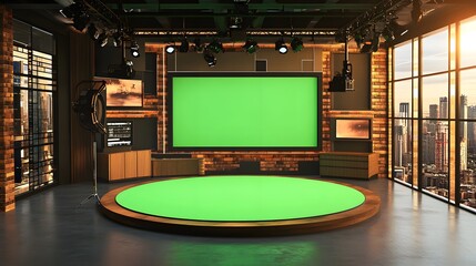 A virtual TV studio news set with a green screen background, featuring modern design elements and versatile setup for broadcasting