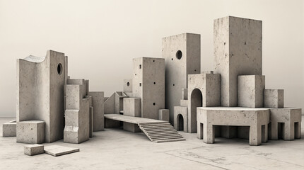 Obraz premium Brutalist concrete architecture surrounded by natural rocks