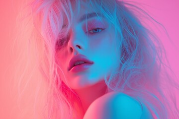 Obraz premium A close-up portrait of a person with ethereal lighting, featuring soft pastels in pink and blue tones, highlighting striking features and flowing hair.
