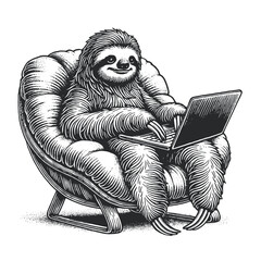 sloth sits comfortably in a chair with a laptop. Stylish illustration in engraving style. Vector © Dmytro