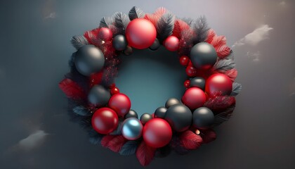 Red and black Christmas background concept Red and black holiday wreath with glowing lights.