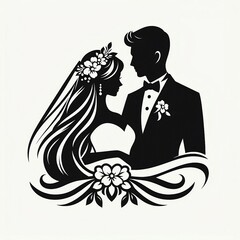 Silhouette of a Bride and Groom in Wedding Attire with Floral Accents