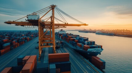 Container ship loading at port during sunset, colorful sky and industrial setting.
