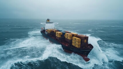 Cargo ship sailing through rough seas, showcasing maritime transportation.