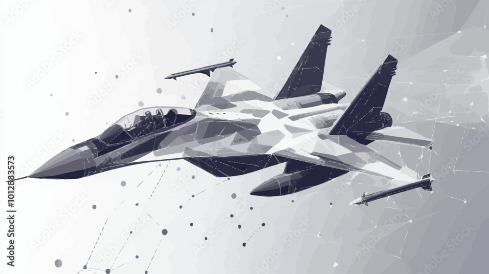 Poster grey fighter jet with polygon lines on abstract background, low poly design with connecting dots and