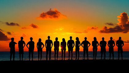 Capture individuals in silhouette form against the rising sun, emphasizing the beauty of their shape and the vibrant sky