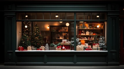 Christmas decorated shop window with gifts, trees, and warm lighting.
