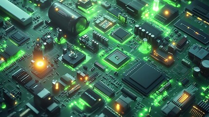 Obraz premium Green Circuit Board with glowing components