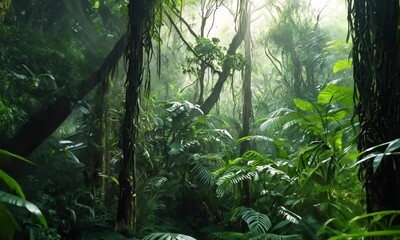 lush rainforest filled with bright green leaves, cascading vines, speckled sunlight, and foggy air.