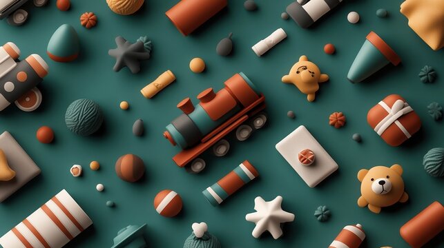 Colorful toys and shapes on a teal background, perfect for playful designs.