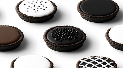 An assortment of creamy, chocolate-topped mini pies on a white background.