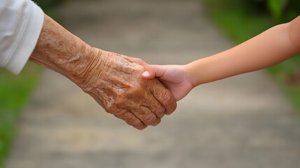 A young hand holding an elderly hand, symbolizing family support and care for the elderly
