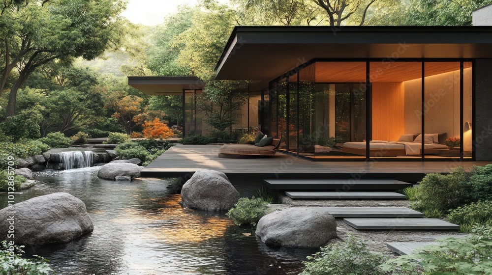 Poster Modern glass house beside a serene stream in a lush landscape.