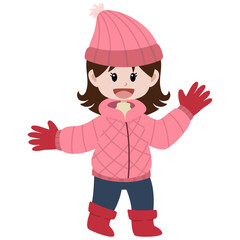Cute Little Girl Wearing Winter Clothes Smiling And Waving Hand, Vector Illustration, Cartoon Style. Pink Winter Jacket, Pink Knit Hat, Red Gloves And Red Boots.