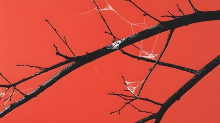 Intricate spider webs on bare branches against a bold red background.