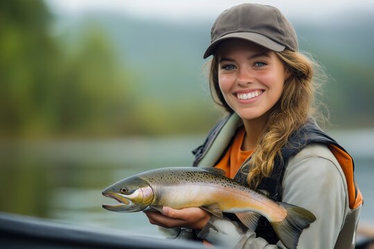 Woman is holding a fish in her hand. She is smiling and wearing a hat. The fish is brown and has a mouth. woman fisherman holding salmon on boat -