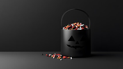 Halloween candy overflowing from a black pumpkin bucket on a dark background.