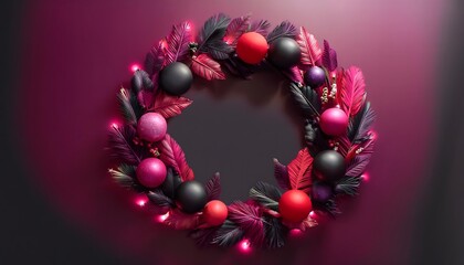 Red and black Christmas background concept Red and black holiday wreath with glowing lights.