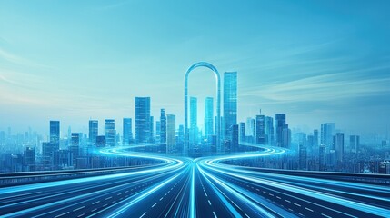 futuristic cityscape featuring sleek skyscrapers and illuminated roads, showcasing advanced architecture and technology. vibrant blue tones create sense of innovation and progress