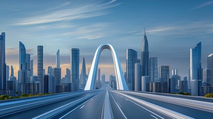 Fototapeta premium modern bridge spans futuristic city skyline, showcasing sleek skyscrapers and vibrant atmosphere. scene captures essence of urban development and innovation