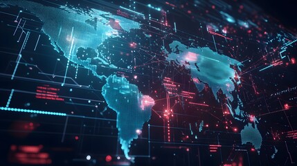 Fototapeta premium Abstract digital world map, concept of global network and connectivity, featuring elements of artificial general intelligence, high-speed data transfer, and cyber technology