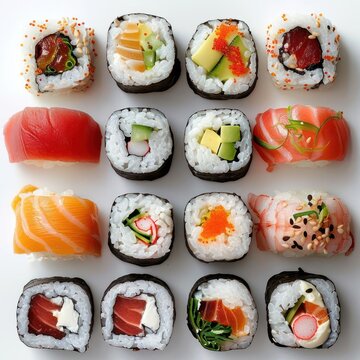 a white plate topped with lots of sushi