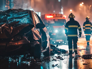 A car accident scene with a fireman and an ambulance
