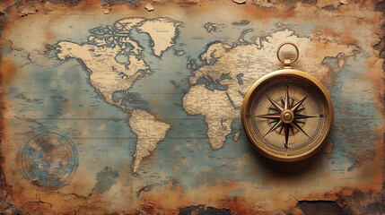 Vintage world map with golden compass, symbolizing travel and exploration