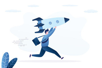 Solo entrepreneur running with spaceship. Working alone or startup business owner, founder or entrepreneurship, independent developer, freelancer concept.
